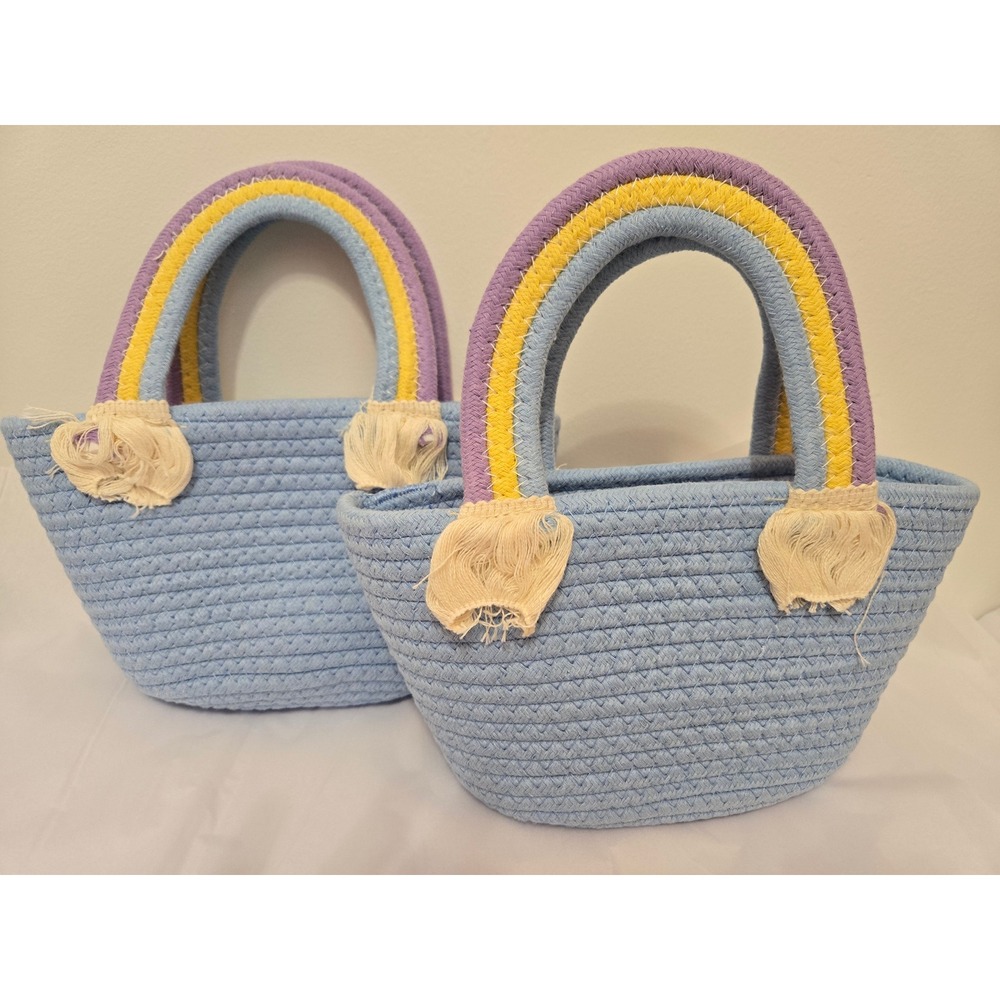 Kids Blue Rope Tote Bag Rainbow Handle Straw‎ Beach Purse Set of 2